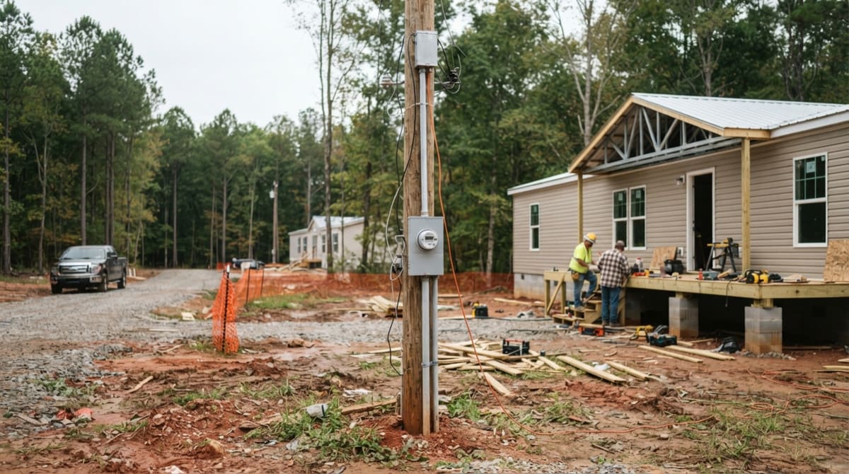 Temporary power pole installed beside a mobile home construction site in North Carolina