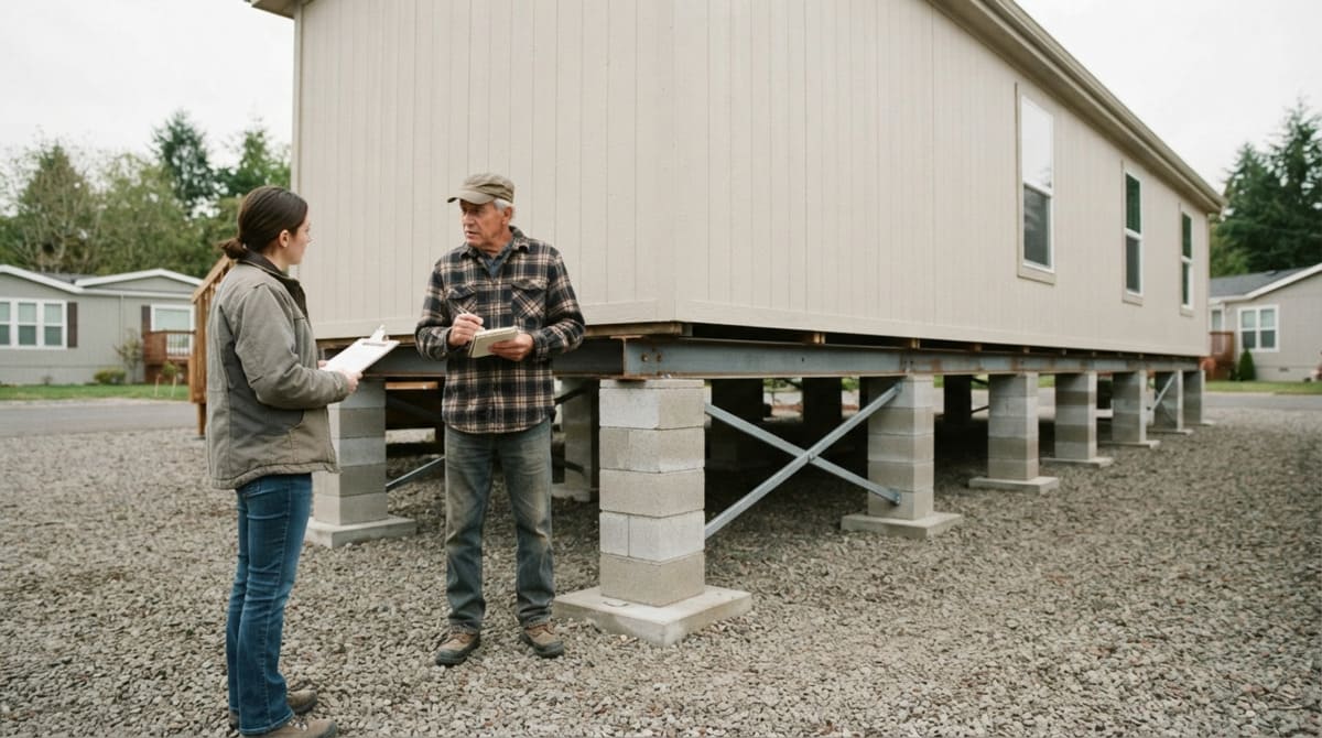 A homeowner inspecting a properly leveled manufactured home foundation