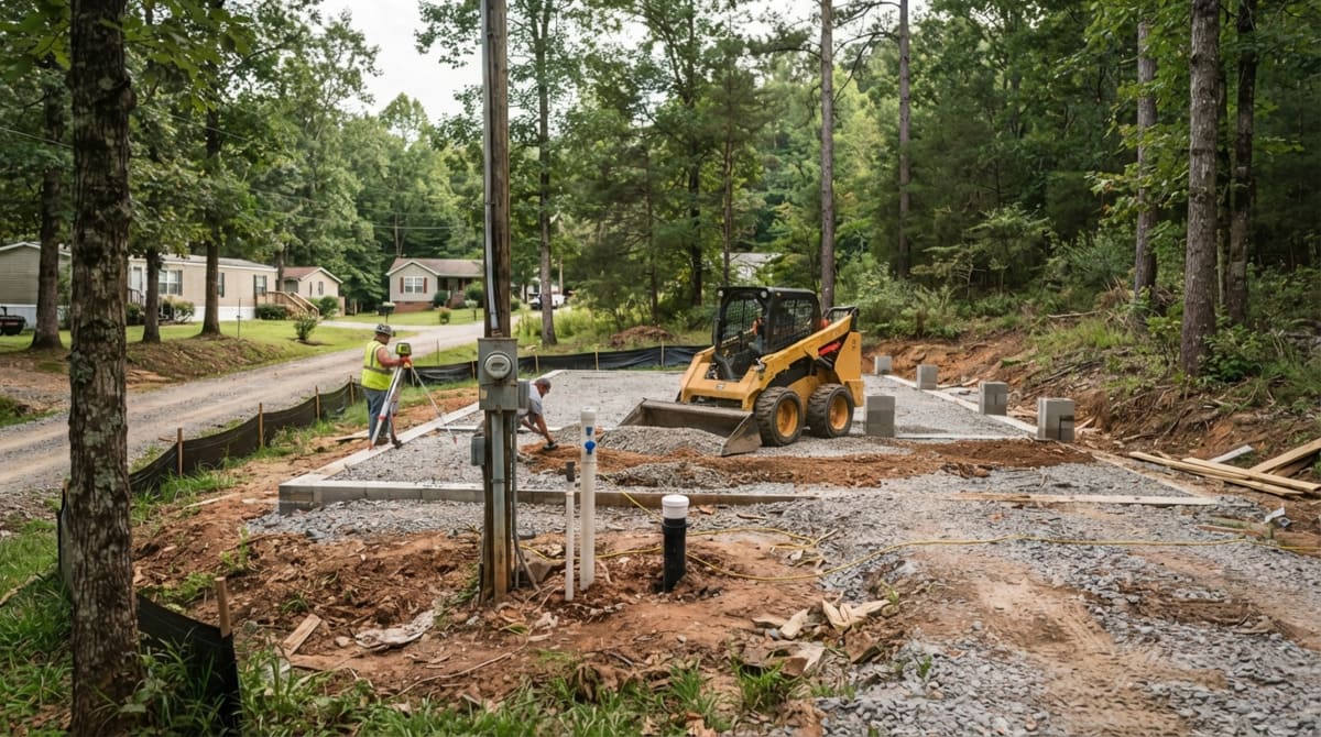 Land grading equipment preparing a mobile home foundation area