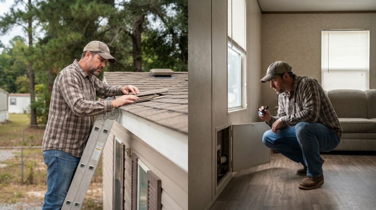 A buyer inspecting the roof and interior of a repo mobile homes