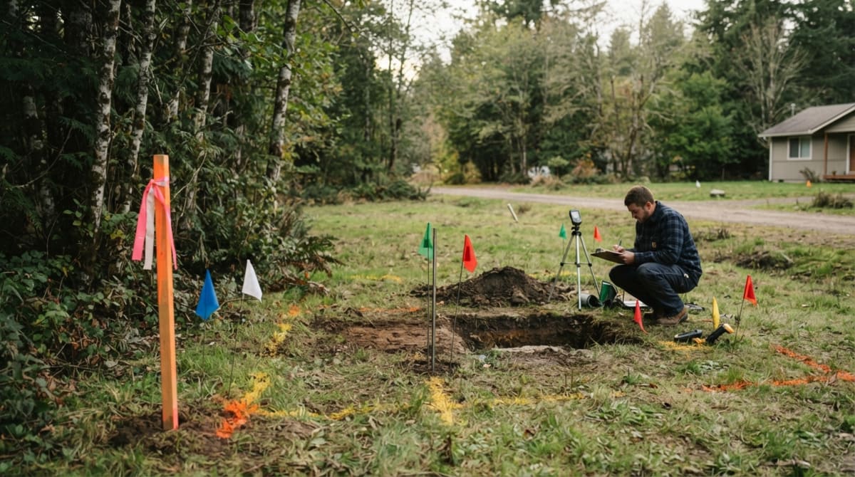 A land survey, septic inspection, and utility markers on a property