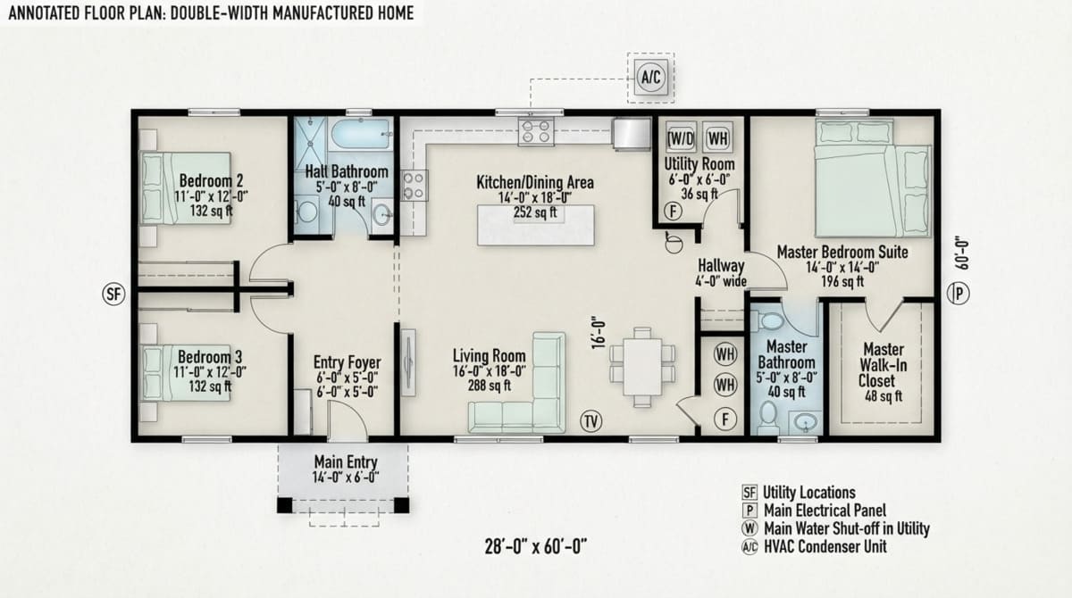 Annotated floor plan showing width, length, room sizes, and utility locations