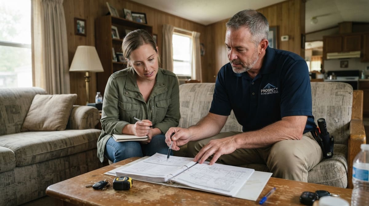 Buyer reviewing a mobile home inspection report with a home inspector