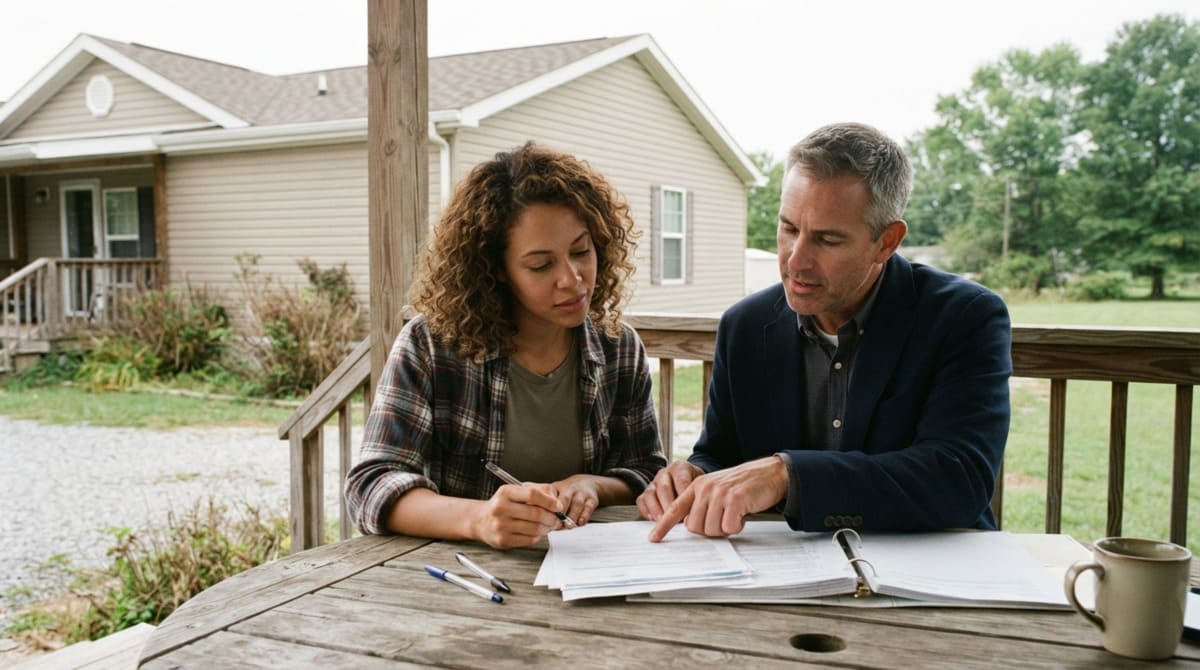 Buyer reviewing loan documents with a lender beside a manufactured home