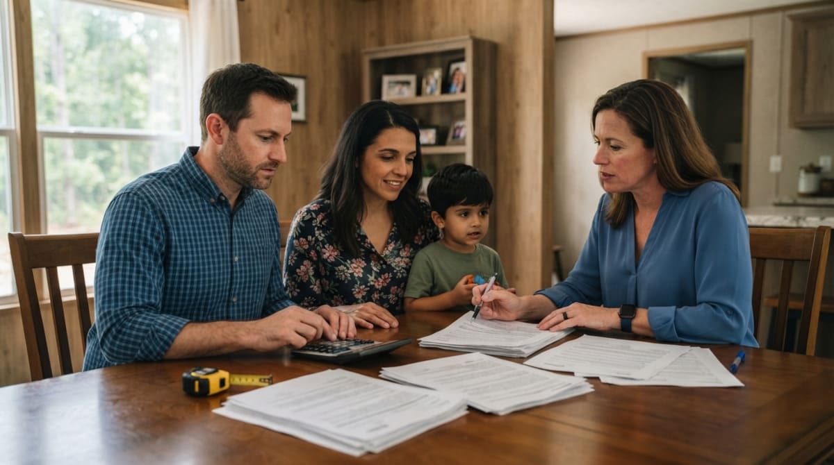 A buyer reviewing loan documents with a mortgage lender while using a calculator and paperwork
