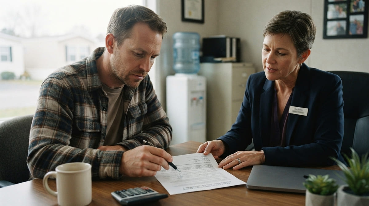 Buyer reviewing a mobile home contract with a real estate professional