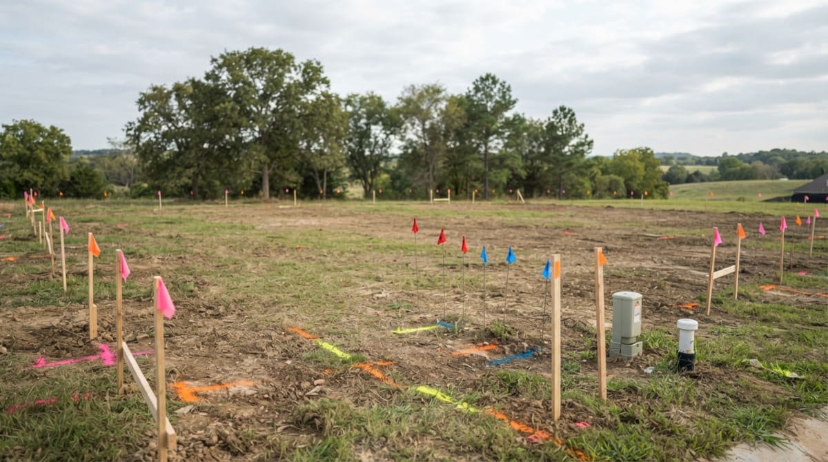 Cleared residential land with utility markers and survey stakes