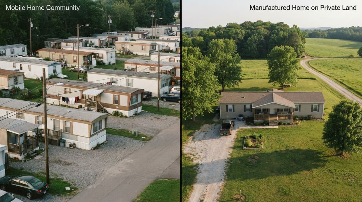 Comparing a mobile home community and a manufactured home on private land