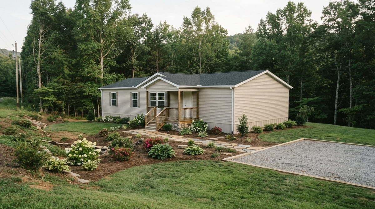 Completed manufactured home on a landscaped North Carolina lot
