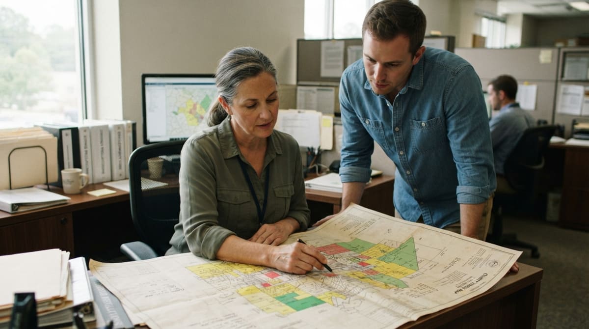 County planning office employee reviewing a zoning map with a land buyer
