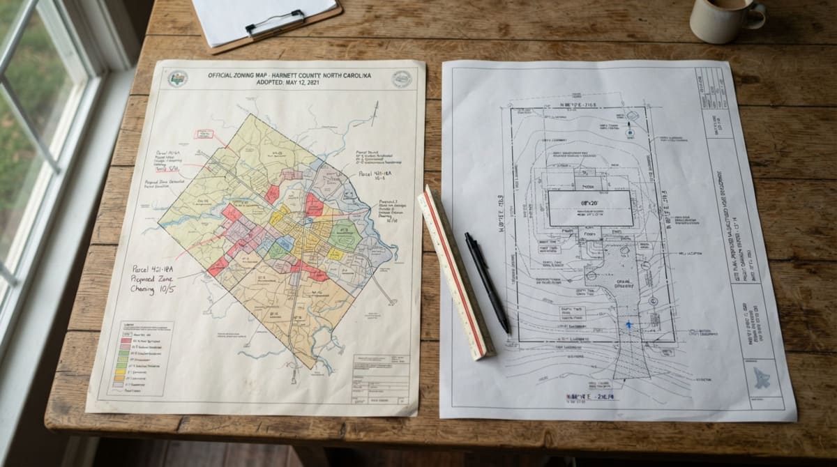 County zoning map beside a manufactured home site plan