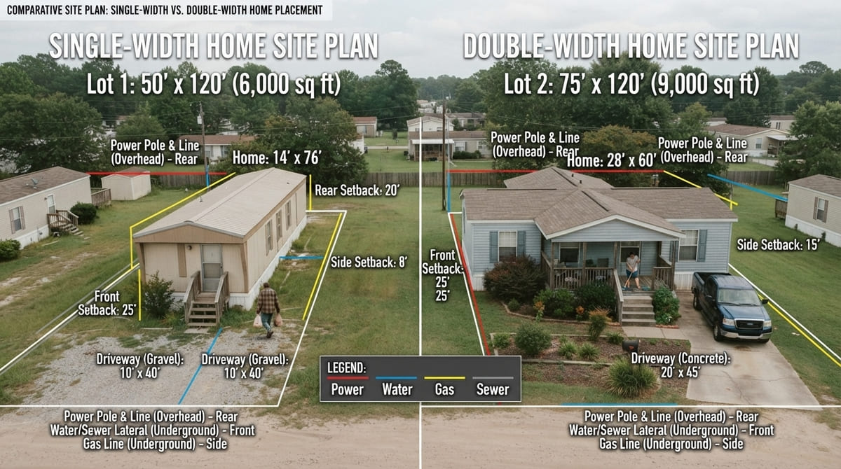 Comparison diagram showing lot size, home dimensions, setbacks, driveway, and utility placement