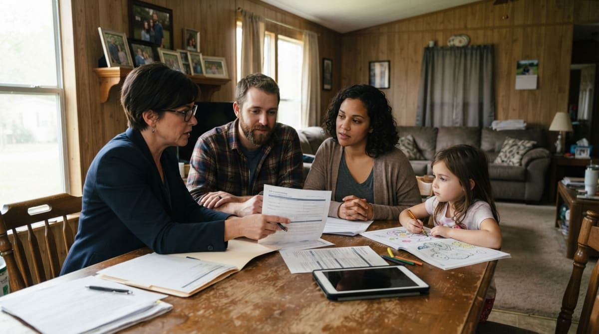 Family meeting a loan officer inside mobile home in NC