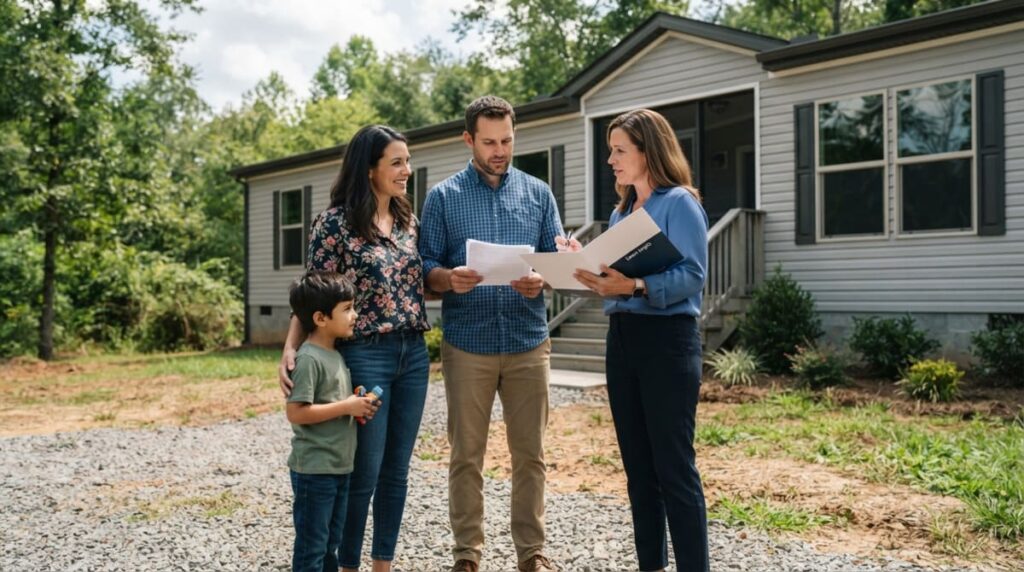 A family standing in front of a modern manufactured/mobile home in North Carolina while meeting with a loan officer