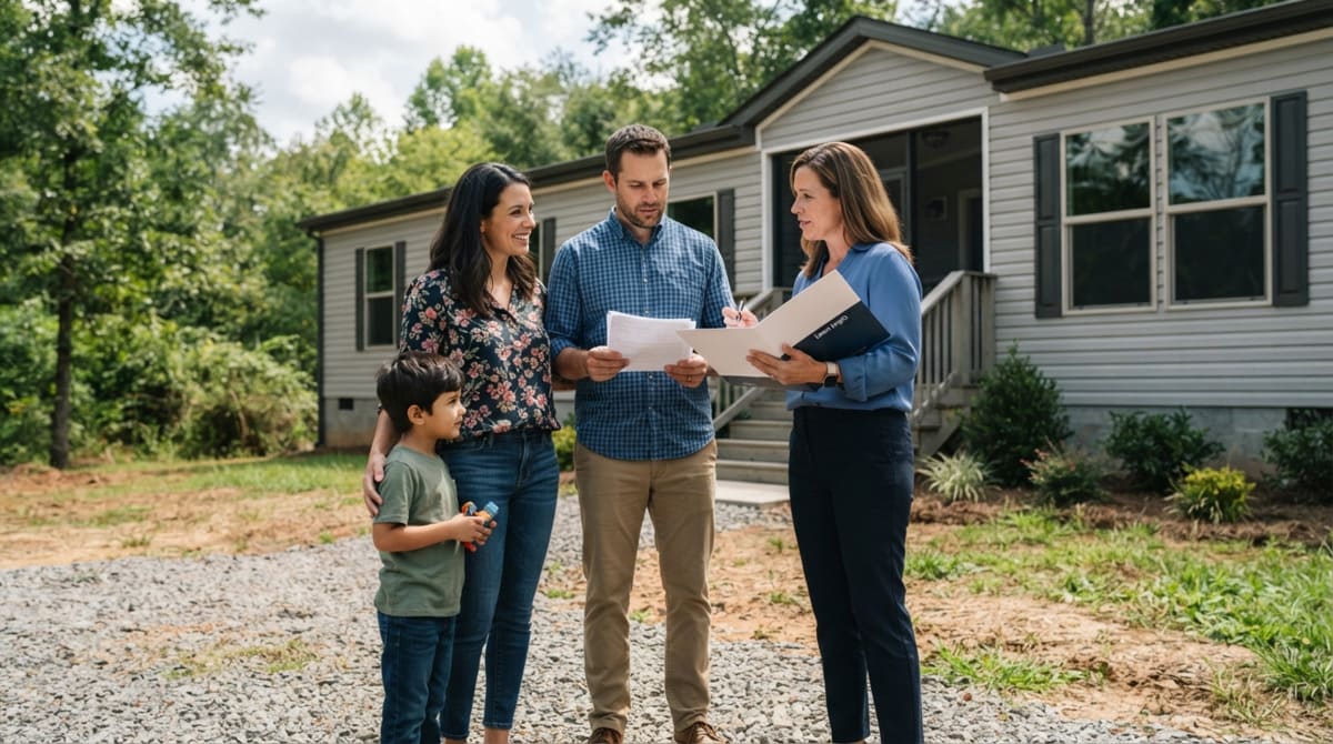 A family standing in front of a modern manufactured/mobile home in North Carolina while meeting with a loan officer