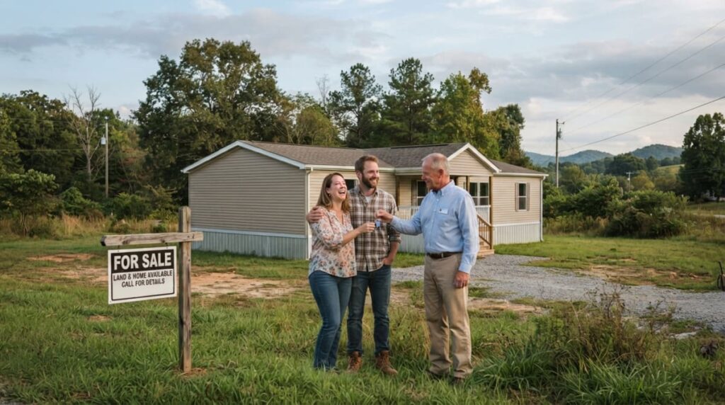 Family receiving the keys to their new manufactured home on private land in North Carolina