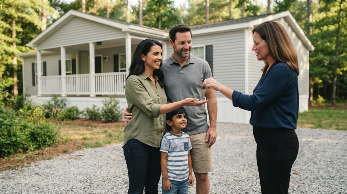 A happy North Carolina family receiving the keys to their new manufactured home with a lender or real estate agent
