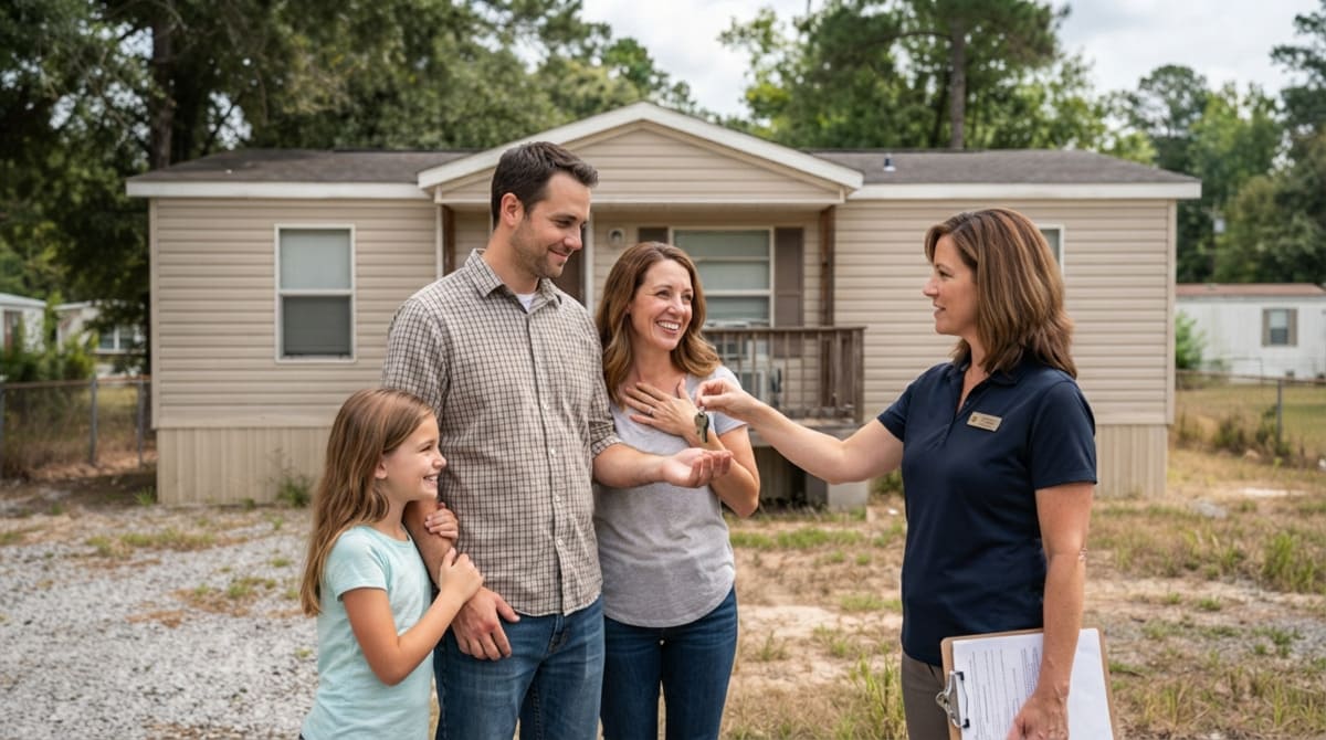 Happy family receiving the keys to their repo mobile home in North Carolina