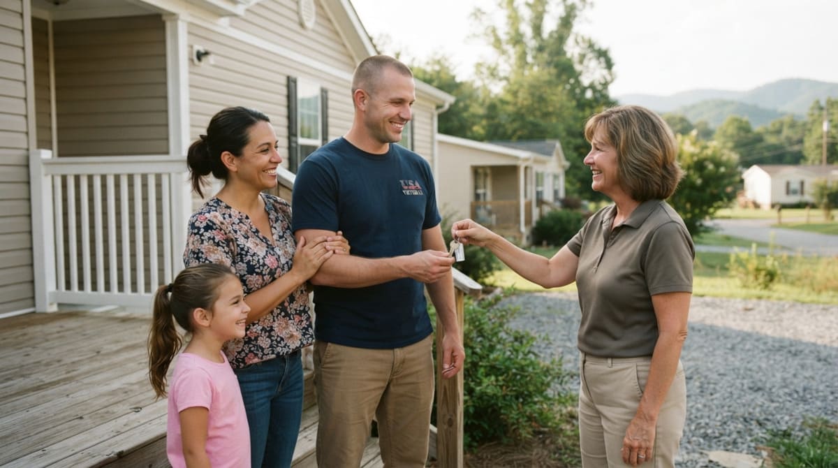 Happy veteran family receiving the keys to their new manufactured home in North Carolina
