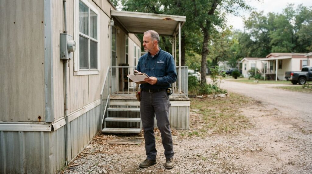 A home inspector checking a mobile home exterior with a clipboard