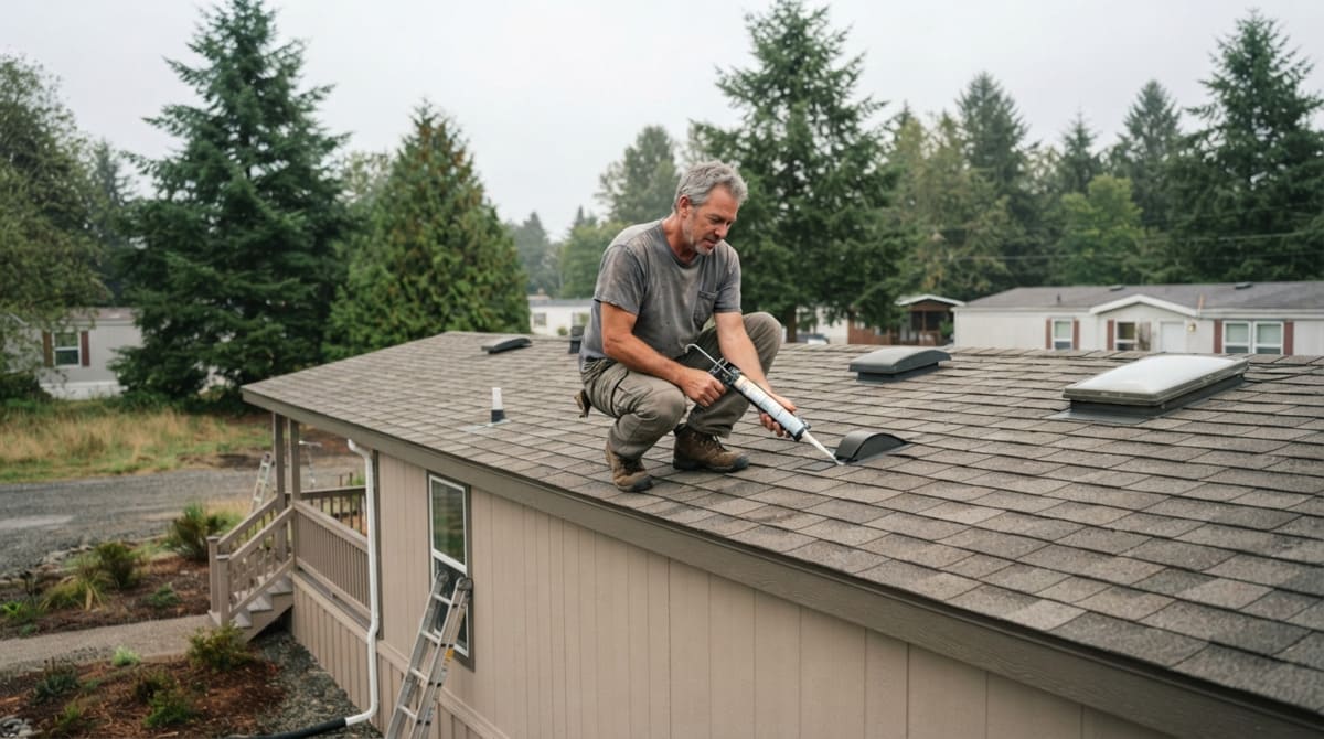 Homeowner inspecting the roof and maintaining a manufactured home