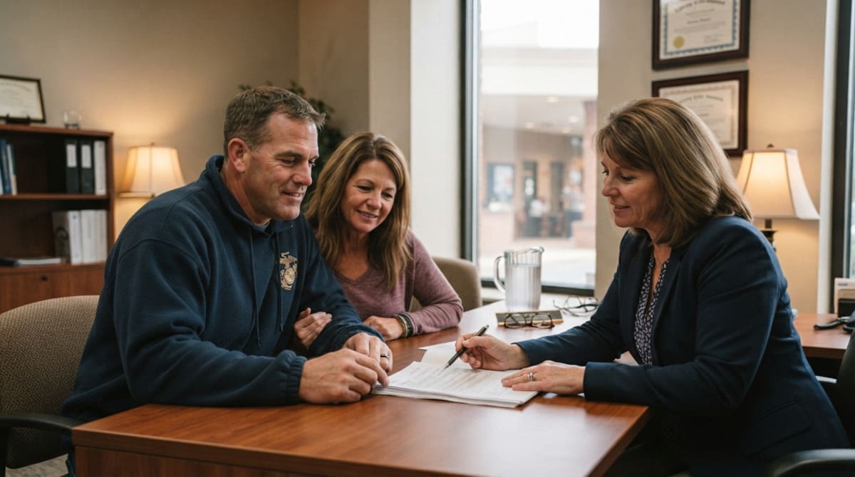 Loan officer explaining mortgage documents to a veteran couple inside a bank or mortgage office