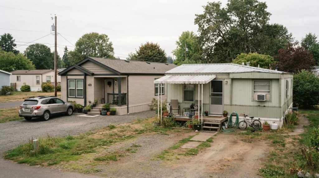 Well-maintained modern manufactured home beside an older mobile home