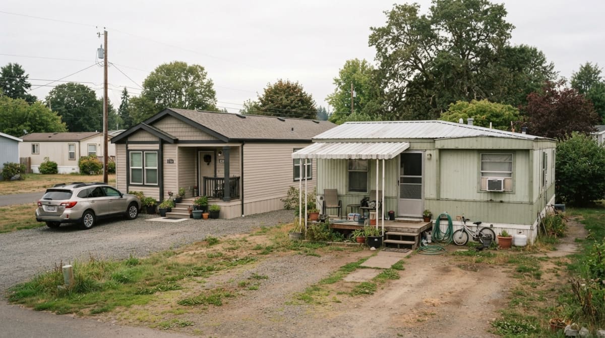 Well-maintained modern manufactured home beside an older mobile home