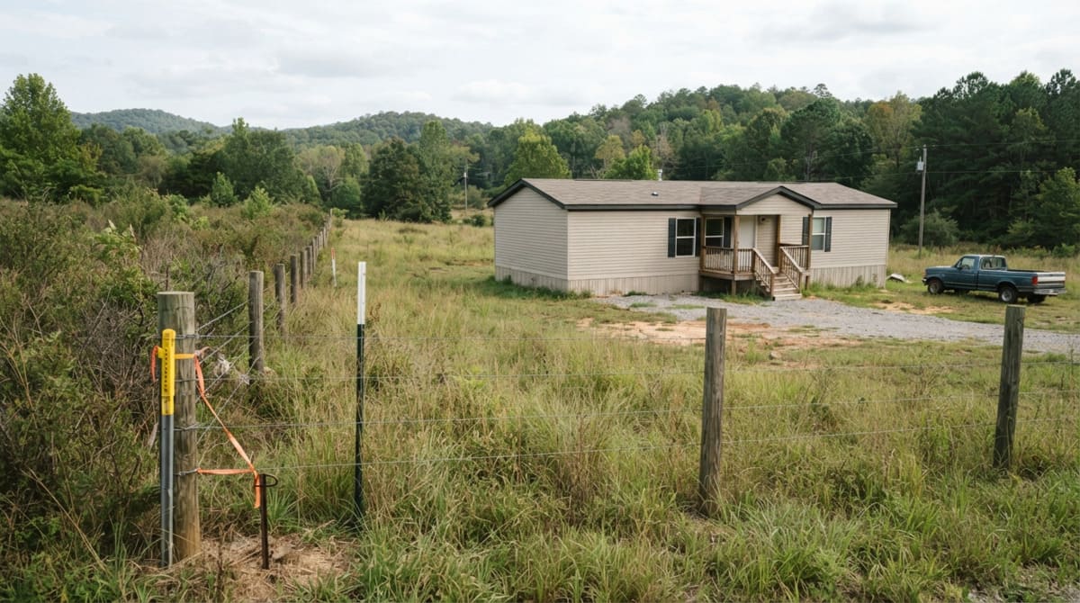 Manufactured home placed on rural land with property boundary markers