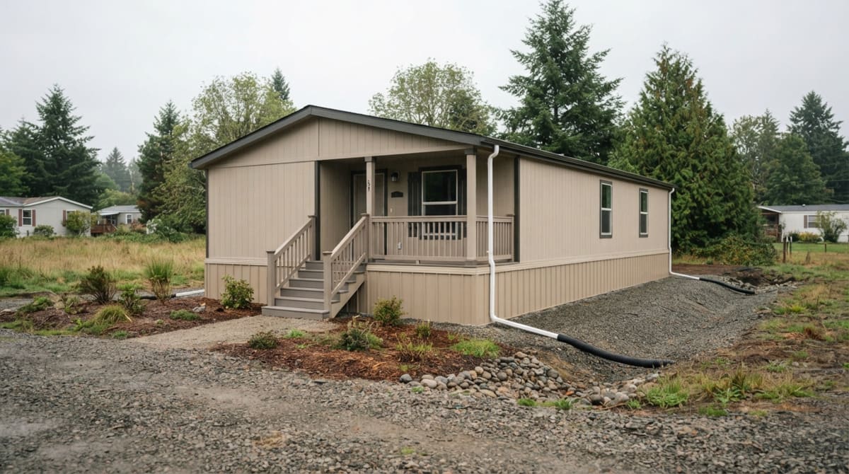 Manufactured home with proper foundation, skirting, and drainage system