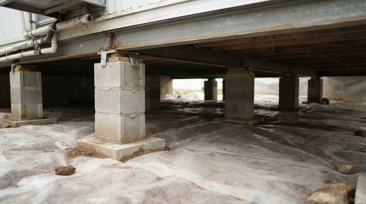 Mobile home foundation with piers and vapor barrier