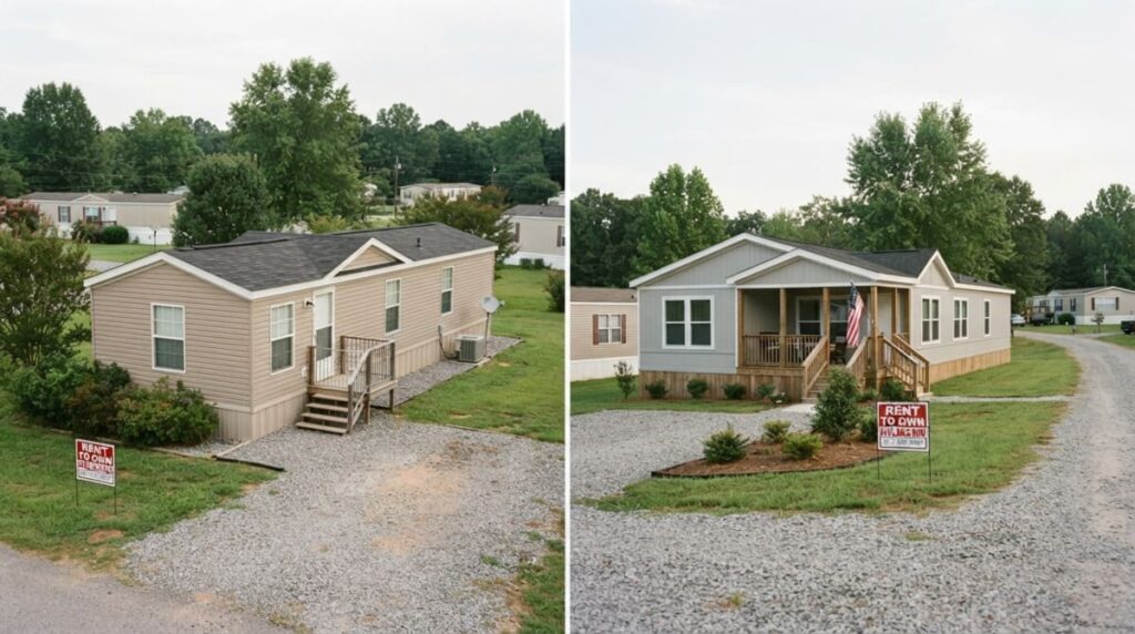 Modern single-wide or double-wide mobile home in North Carolina with a "Rent to Own" sign