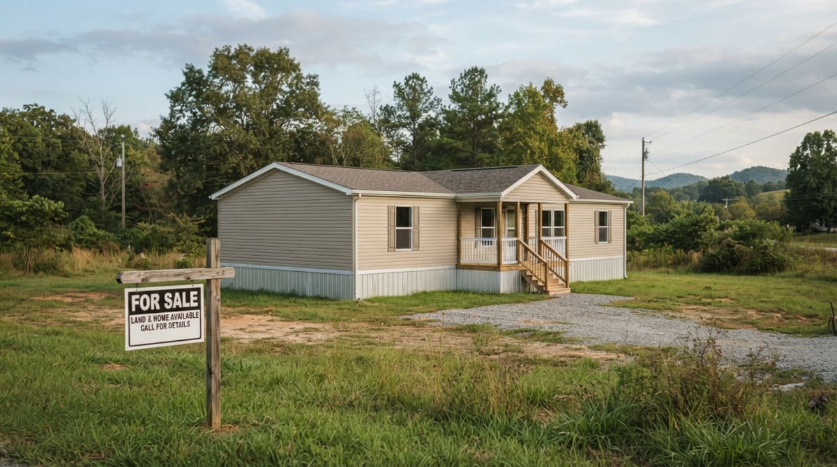 New manufactured home placed on land in North Carolina with a "For Sale" sign