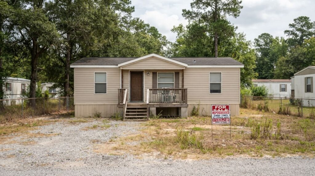 A clean repossessed mobile home with a "For Sale" sign in North Carolina