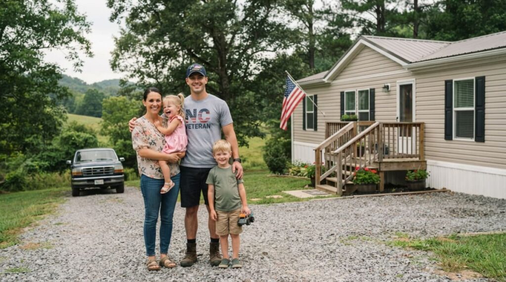 Veteran family standing outside a modern manufactured/mobile home in North Carolina